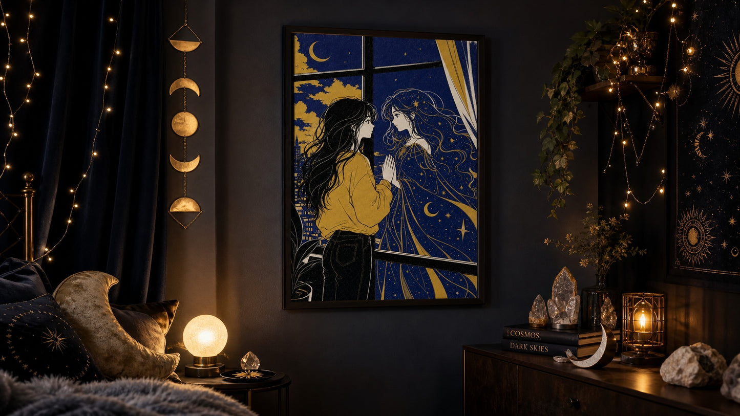 Anime Reflection Art Print, Celestial Woman Dusk Poster, Limited Palette Wall Art