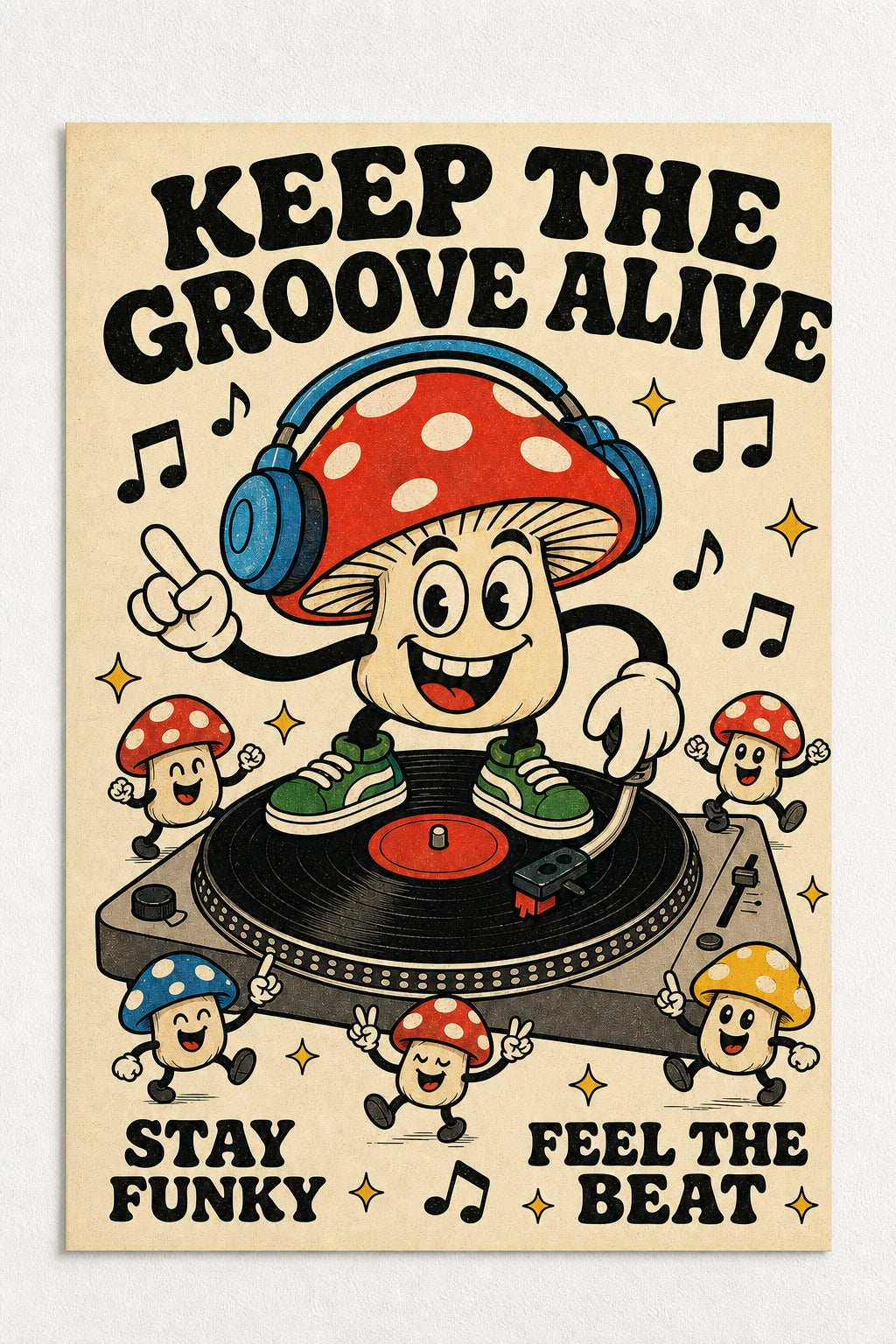 Mushroom DJ Art Print, Retro Cartoon Poster, Funky Music Wall Art, Indie Illustration, Matte Poster
