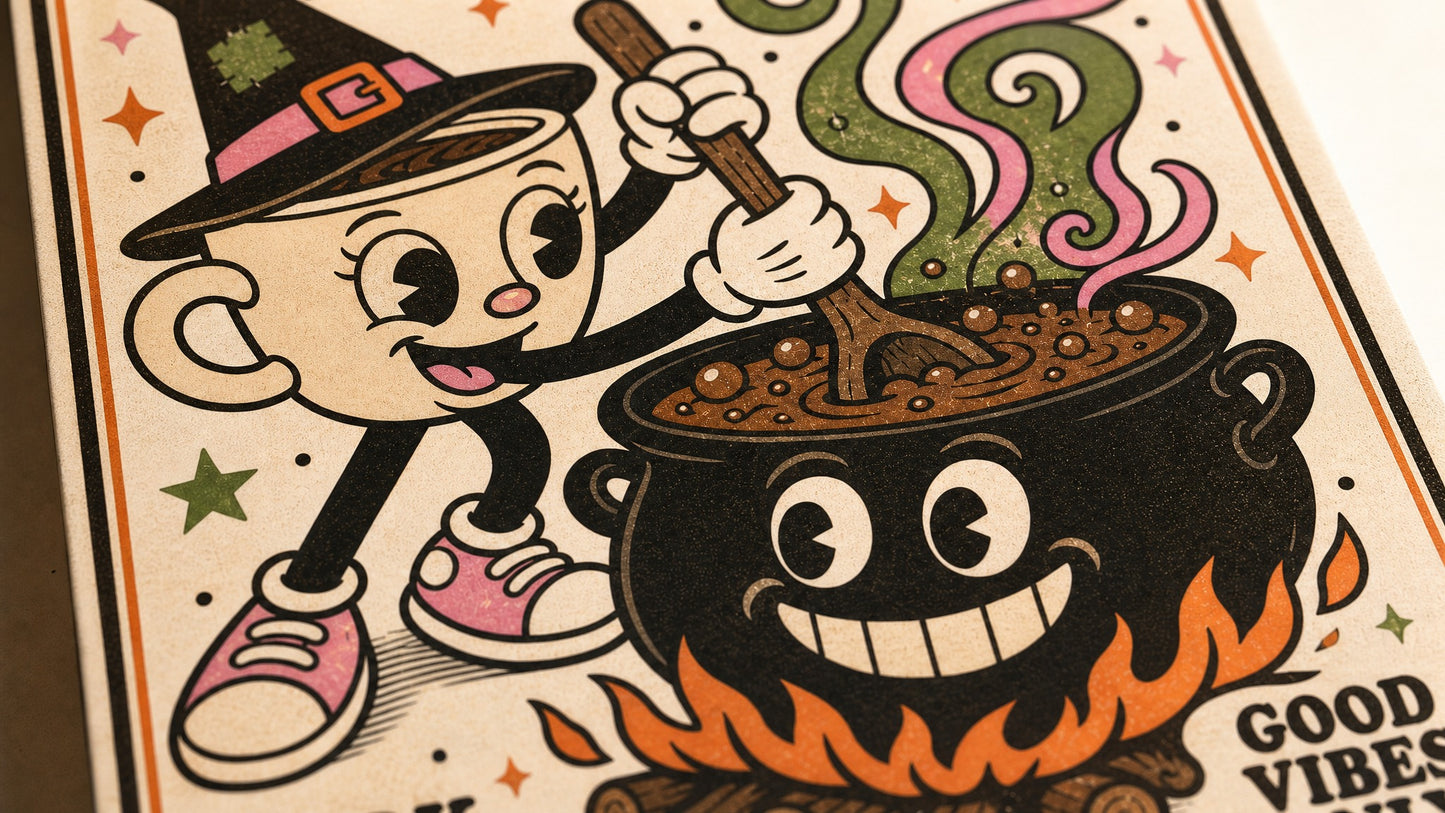 Brew Your Own Magic — Witchy Coffee Art Print | Retro Cartoon Illustration Poster