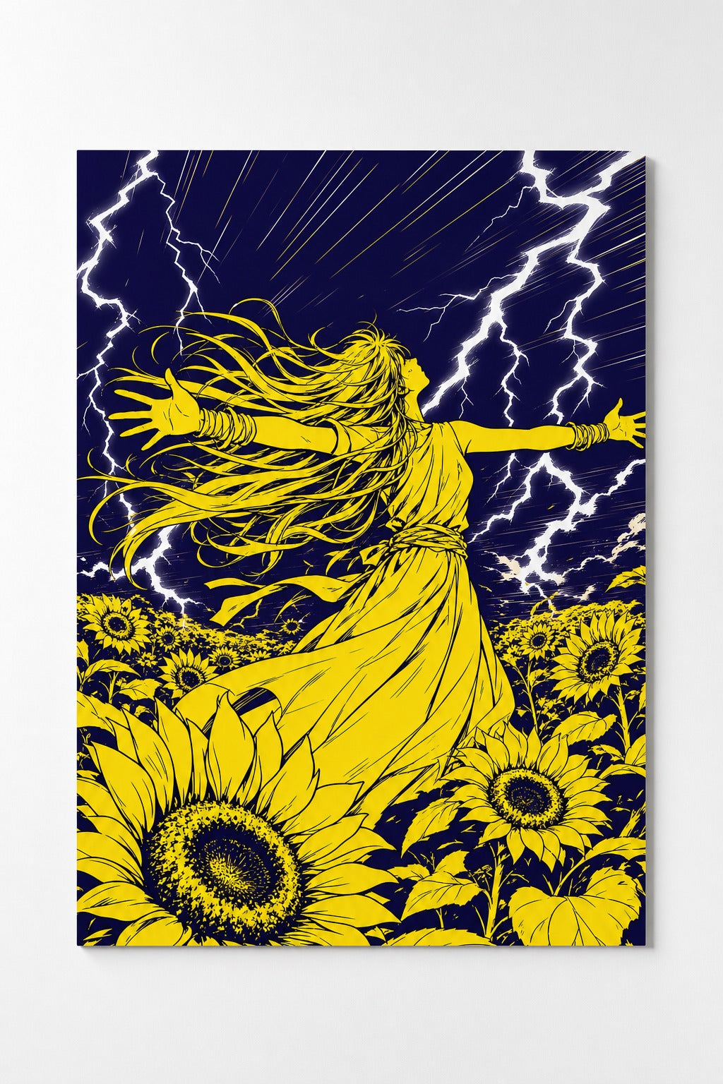 Thunder Bloom — Anime Duotone Storm Art Print | Manga-Inspired Indigo Yellow Matte Poster