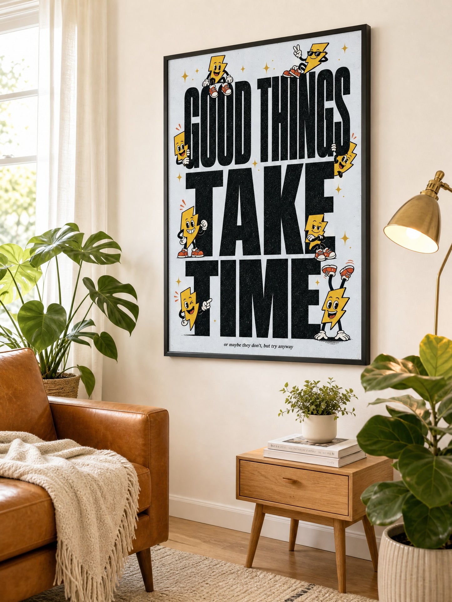 Good Things Take Time Bold Typography Poster Retro Lightning Character Art Print Motivational Wall Art