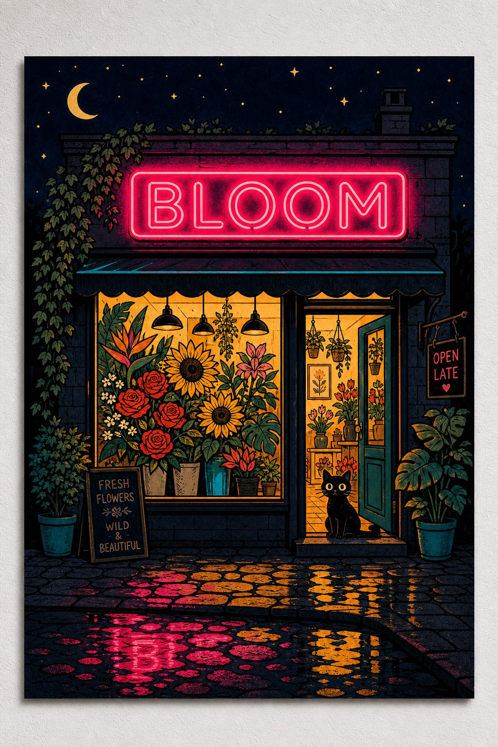 Midnight Bloom Neon Flower Shop Fine Art Print, Night Scene Illustration, Atmospheric Wall Art, Matte Poster