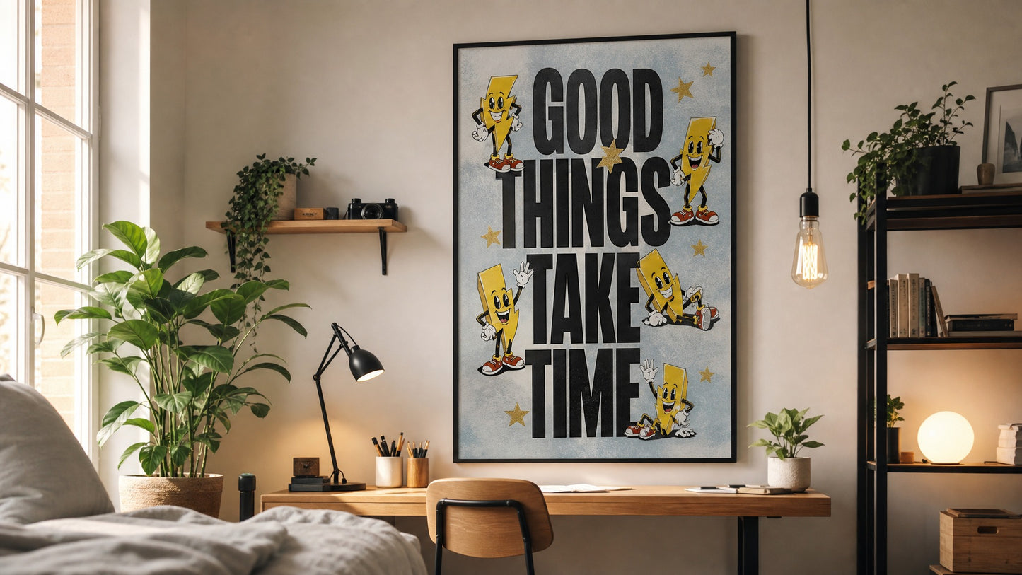 Good Things Take Time Bold Typography Poster Retro Lightning Character Art Print Motivational Wall Art
